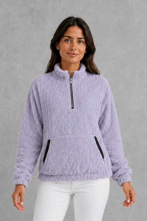 Women’s plush half zip fleece pullover with a high neck, long sleeves, elasticated cuffs and practical front pockets for cosy autumn and winter wear.