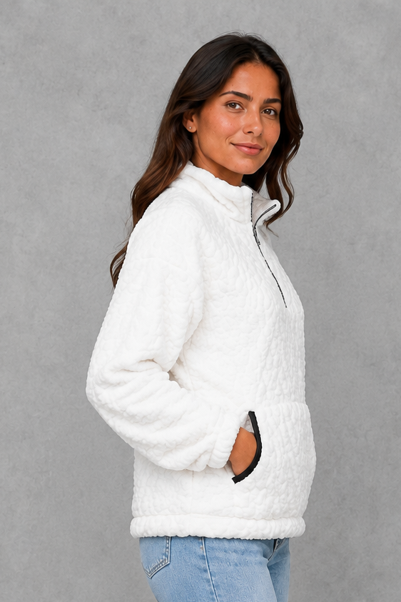 Women’s plush half zip fleece pullover with a high neck, long sleeves, elasticated cuffs and practical front pockets for cosy autumn and winter wear.