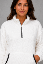 Women’s plush half zip fleece pullover with a high neck, long sleeves, elasticated cuffs and practical front pockets for cosy autumn and winter wear.