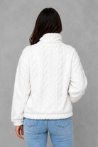 Women’s plush half zip fleece pullover with a high neck, long sleeves, elasticated cuffs and practical front pockets for cosy autumn and winter wear.
