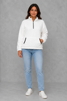 Women’s plush half zip fleece pullover with a high neck, long sleeves, elasticated cuffs and practical front pockets for cosy autumn and winter wear.