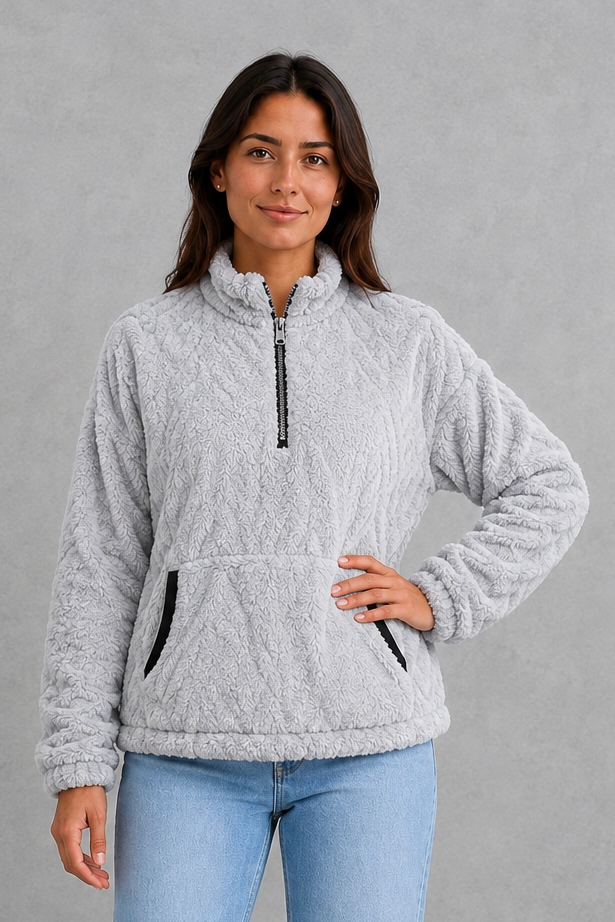 Women’s plush half zip fleece pullover with a high neck, long sleeves, elasticated cuffs and practical front pockets for cosy autumn and winter wear.