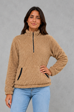 Women’s plush half zip fleece pullover with a high neck, long sleeves, elasticated cuffs and practical front pockets for cosy autumn and winter wear.