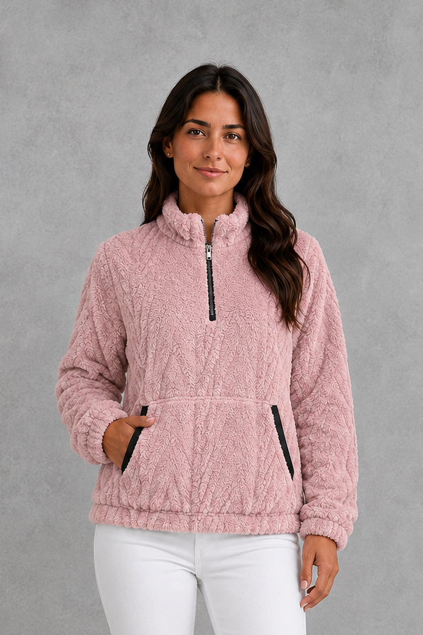 Women’s plush half zip fleece pullover with a high neck, long sleeves, elasticated cuffs and practical front pockets for cosy autumn and winter wear.