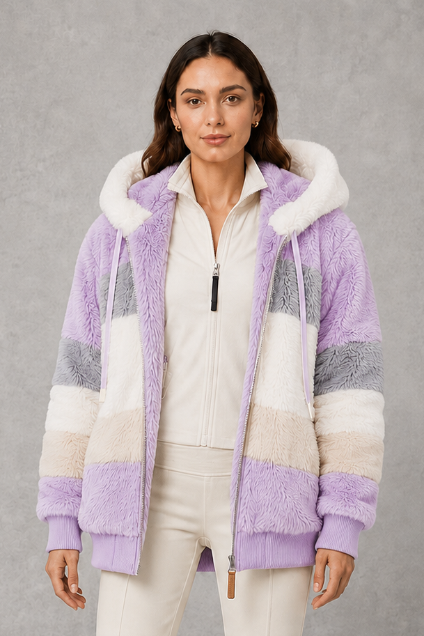 Women’s plush hooded winter coat with soft faux fur panels, a relaxed silhouette and rib-knit cuffs for cosy cold-weather layering.