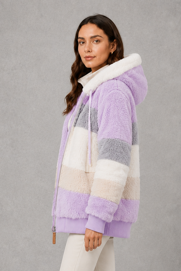 Women’s plush hooded winter coat with soft faux fur panels, a relaxed silhouette and rib-knit cuffs for cosy cold-weather layering.