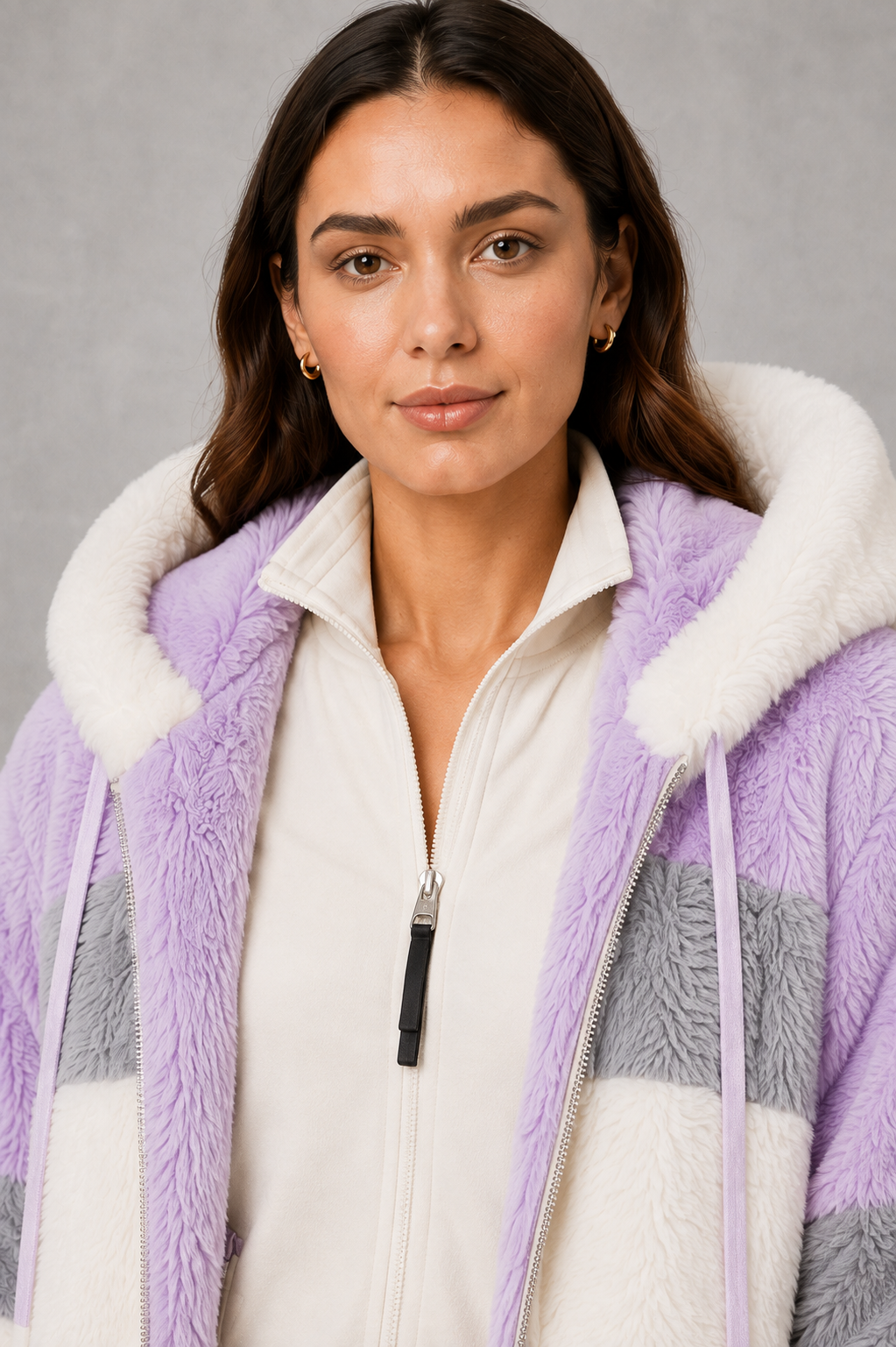 Women’s plush hooded winter coat with soft faux fur panels, a relaxed silhouette and rib-knit cuffs for cosy cold-weather layering.