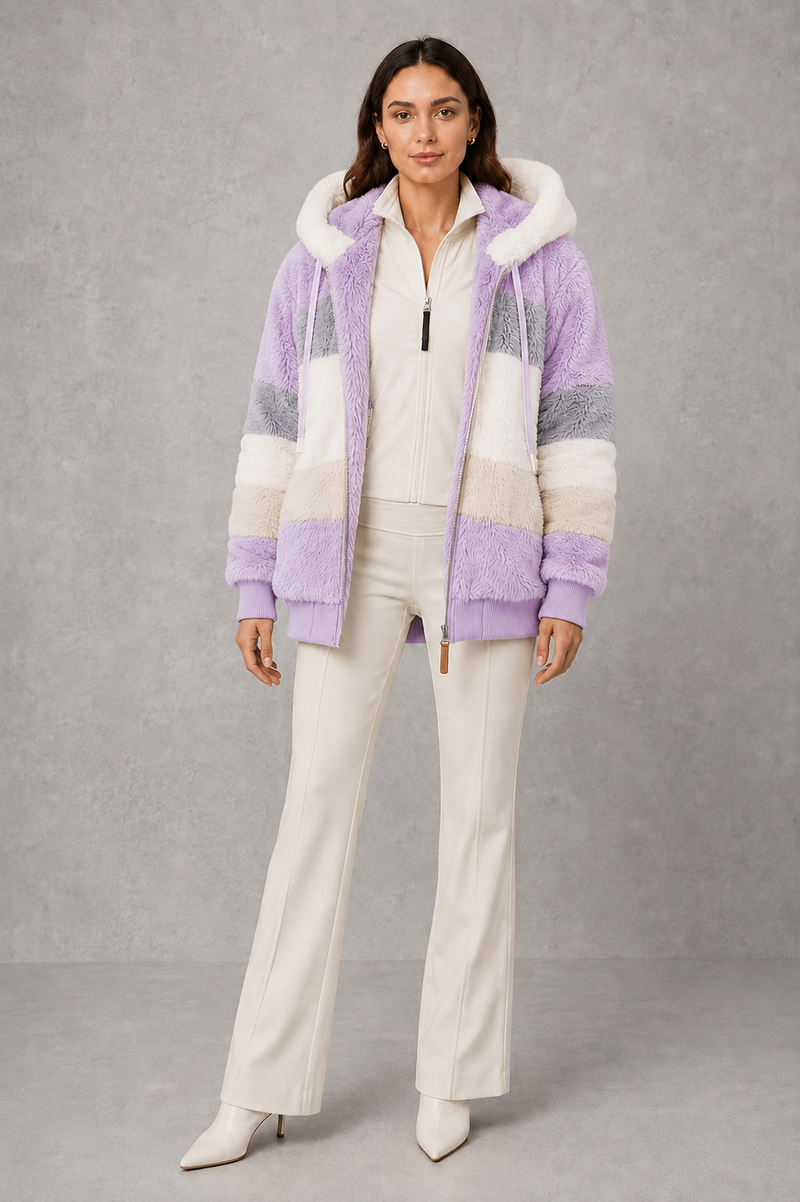 Women’s plush hooded winter coat with soft faux fur panels, a relaxed silhouette and rib-knit cuffs for cosy cold-weather layering.