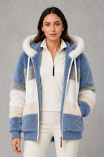 Women’s plush hooded winter coat with soft faux fur panels, a relaxed silhouette and rib-knit cuffs for cosy cold-weather layering.