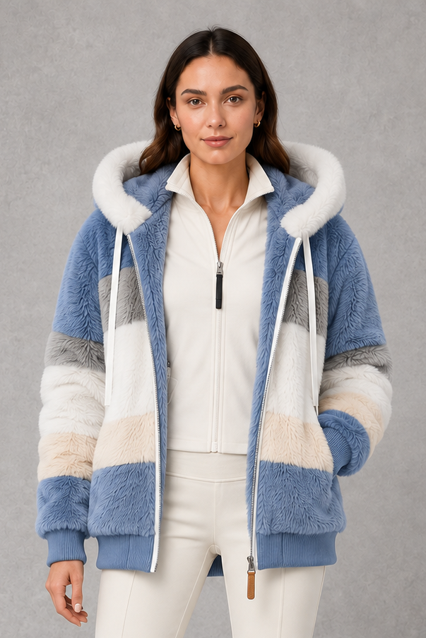 Women’s plush hooded winter coat with soft faux fur panels, a relaxed silhouette and rib-knit cuffs for cosy cold-weather layering.
