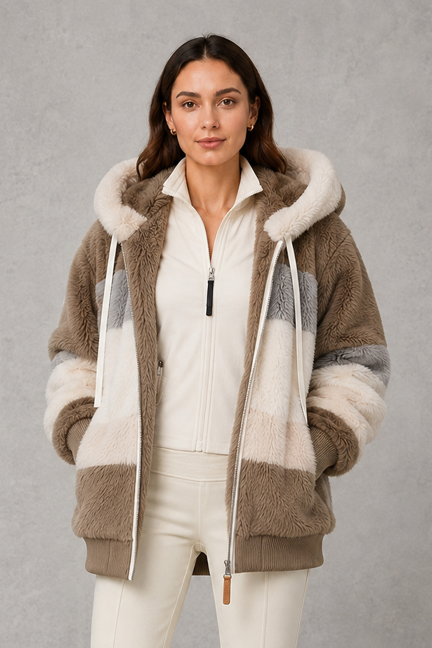 Women’s plush hooded winter coat with soft faux fur panels, a relaxed silhouette and rib-knit cuffs for cosy cold-weather layering.