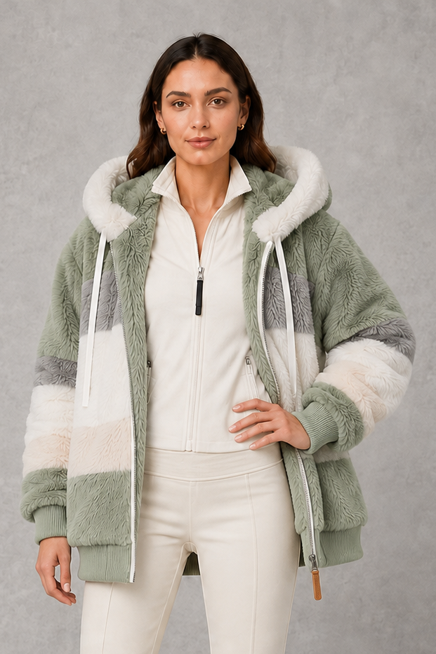 Women’s plush hooded winter coat with soft faux fur panels, a relaxed silhouette and rib-knit cuffs for cosy cold-weather layering.