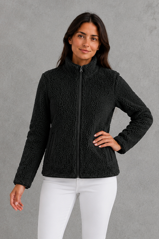 Women’s plush sherpa jacket with a soft textured finish, relaxed flattering silhouette and cosy construction for everyday cold-weather layering.