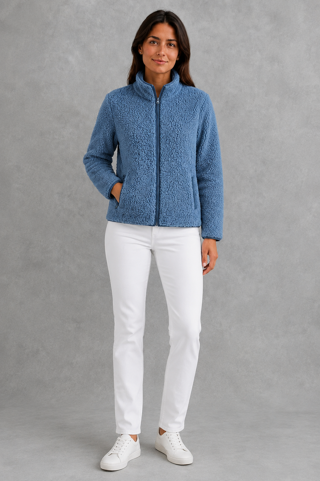 Women’s plush sherpa jacket with a soft textured finish, relaxed flattering silhouette and cosy construction for everyday cold-weather layering.