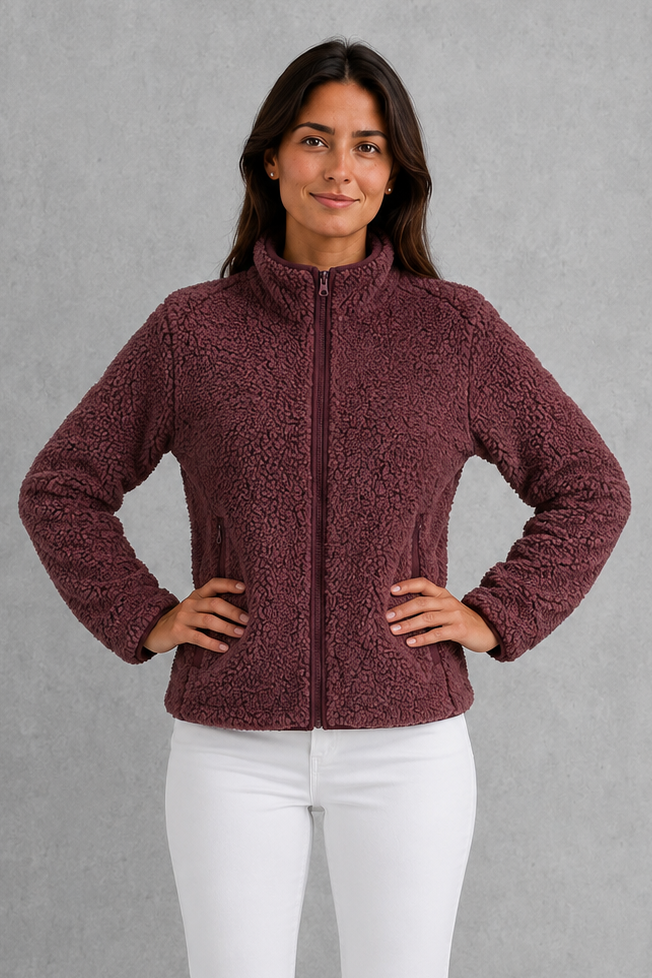 Women’s plush sherpa jacket with a soft textured finish, relaxed flattering silhouette and cosy construction for everyday cold-weather layering.
