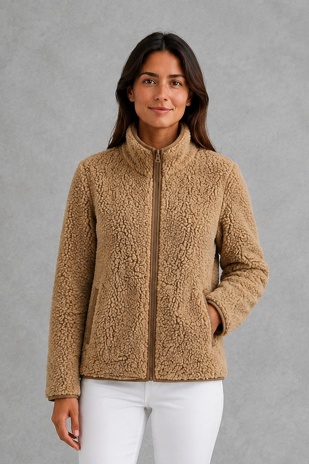 Women’s plush sherpa jacket with a soft textured finish, relaxed flattering silhouette and cosy construction for everyday cold-weather layering.