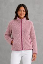 Women’s plush sherpa jacket with a soft textured finish, relaxed flattering silhouette and cosy construction for everyday cold-weather layering.