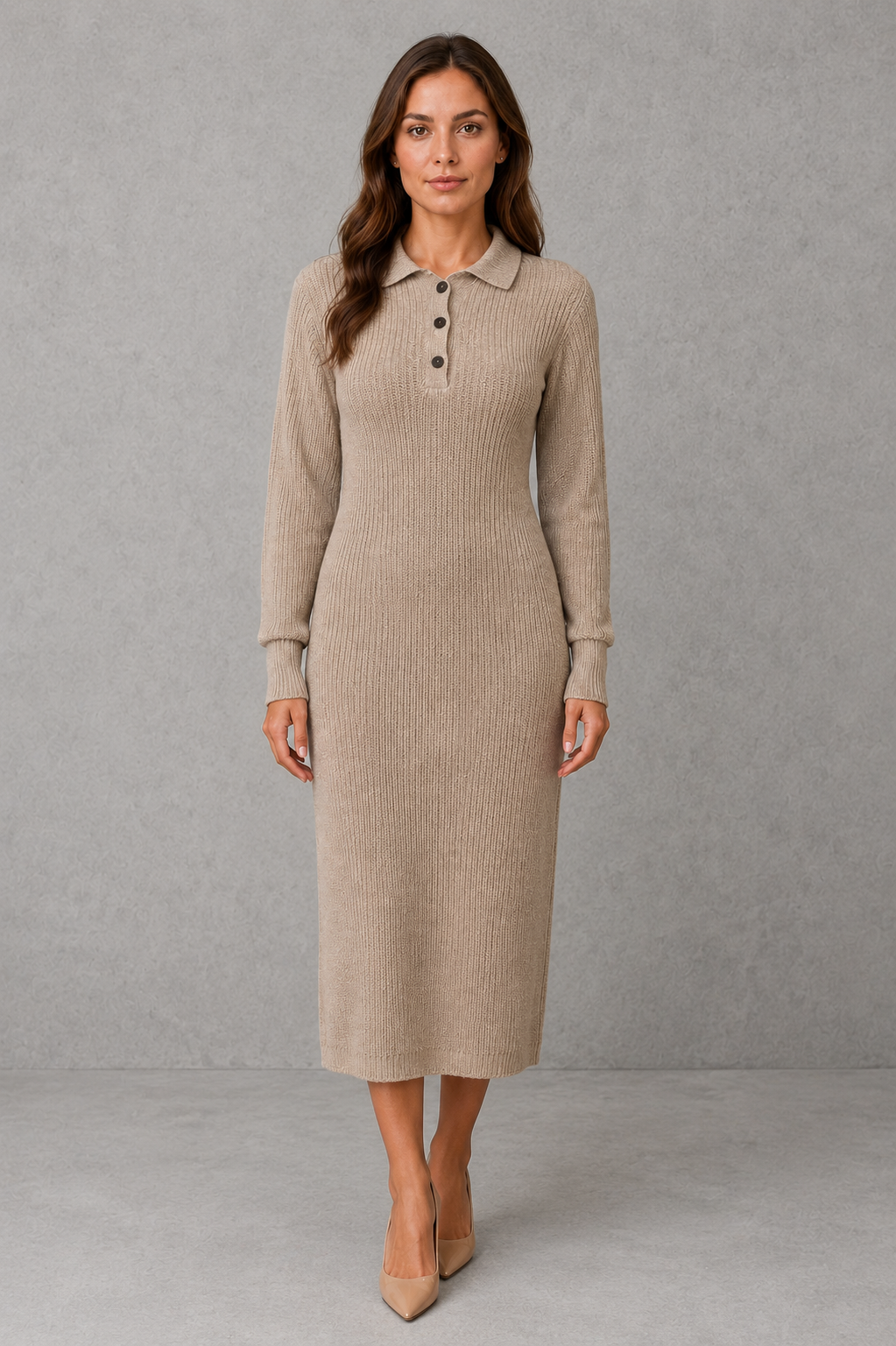 Women’s polo neck knitted midi dress with a button-front neckline, long sleeves, ribbed cuffs and a relaxed straight silhouette.