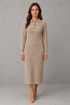 Women’s polo neck knitted midi dress with a button-front neckline, long sleeves, ribbed cuffs and a relaxed straight silhouette.