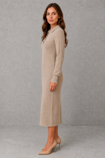 Women’s polo neck knitted midi dress with a button-front neckline, long sleeves, ribbed cuffs and a relaxed straight silhouette.