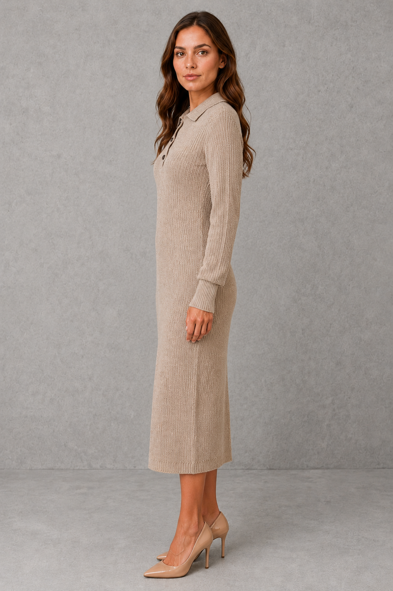 Women’s polo neck knitted midi dress with a button-front neckline, long sleeves, ribbed cuffs and a relaxed straight silhouette.