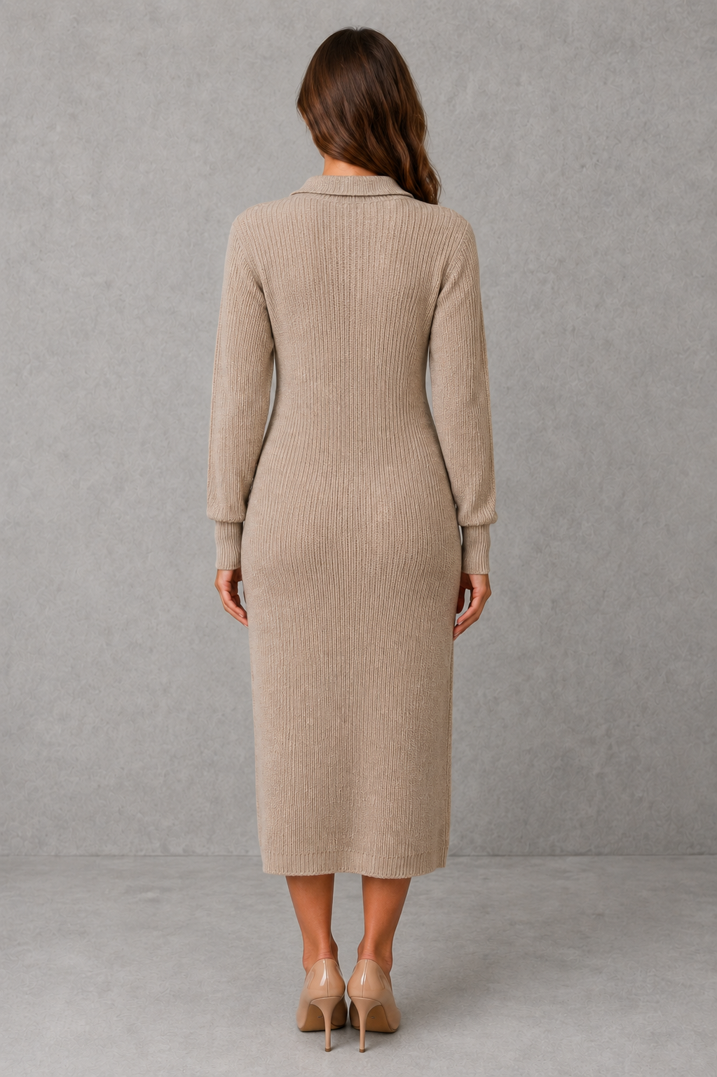 Women’s polo neck knitted midi dress with a button-front neckline, long sleeves, ribbed cuffs and a relaxed straight silhouette.
