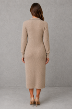 Women’s polo neck knitted midi dress with a button-front neckline, long sleeves, ribbed cuffs and a relaxed straight silhouette.