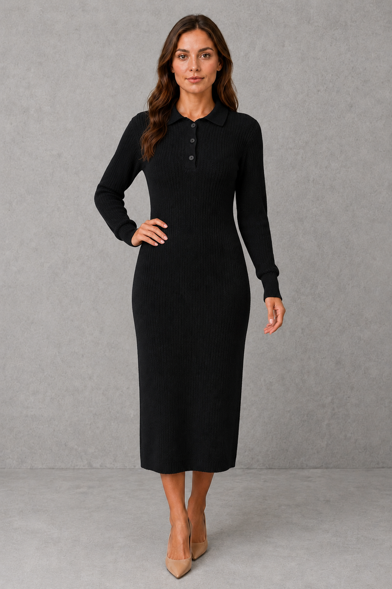 Women’s polo neck knitted midi dress with a button-front neckline, long sleeves, ribbed cuffs and a relaxed straight silhouette.
