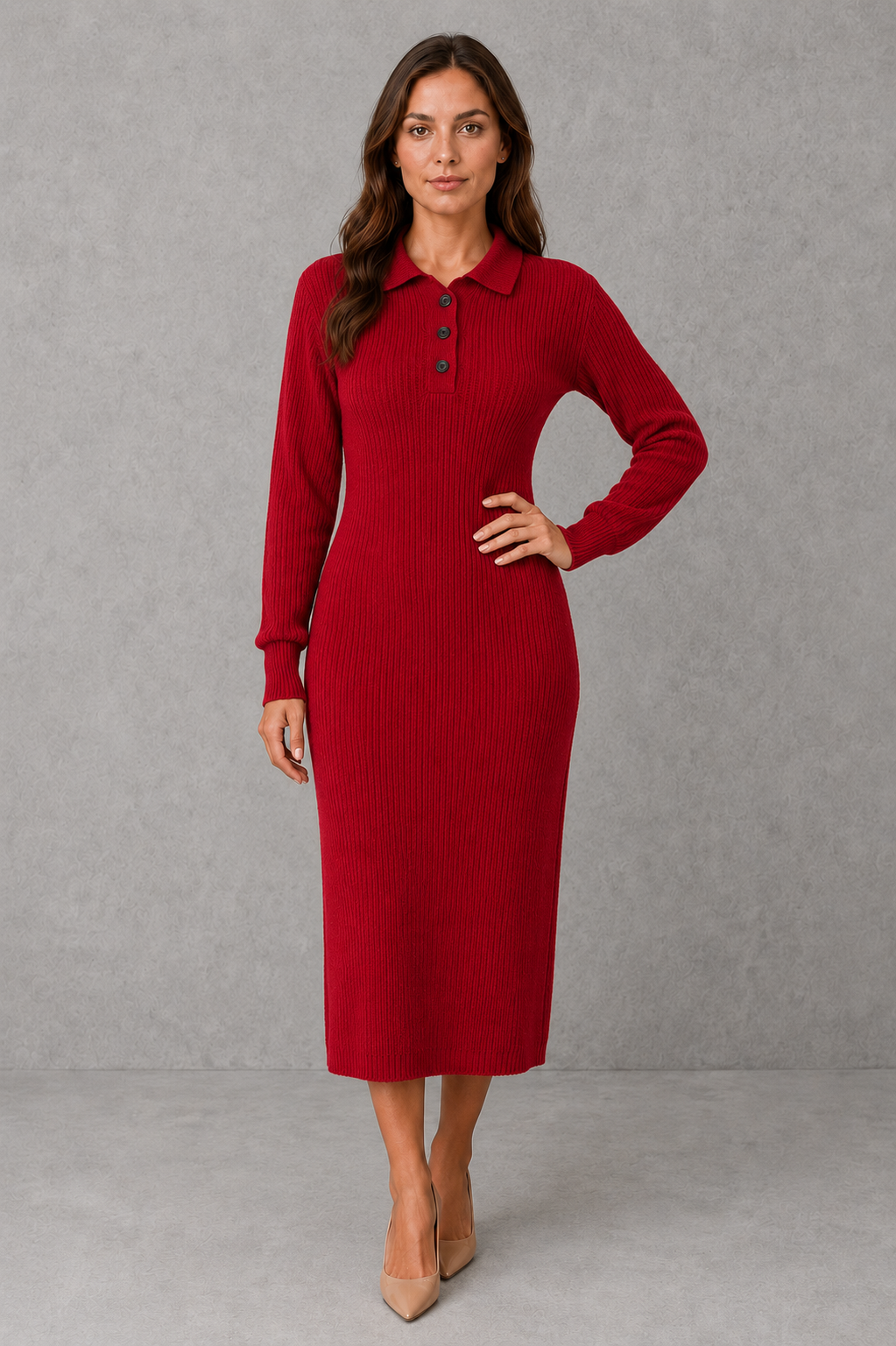 Women’s polo neck knitted midi dress with a button-front neckline, long sleeves, ribbed cuffs and a relaxed straight silhouette.