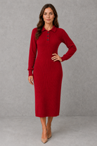 Women’s polo neck knitted midi dress with a button-front neckline, long sleeves, ribbed cuffs and a relaxed straight silhouette.