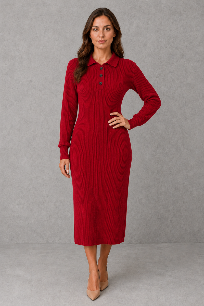 Women’s polo neck knitted midi dress with a button-front neckline, long sleeves, ribbed cuffs and a relaxed straight silhouette.