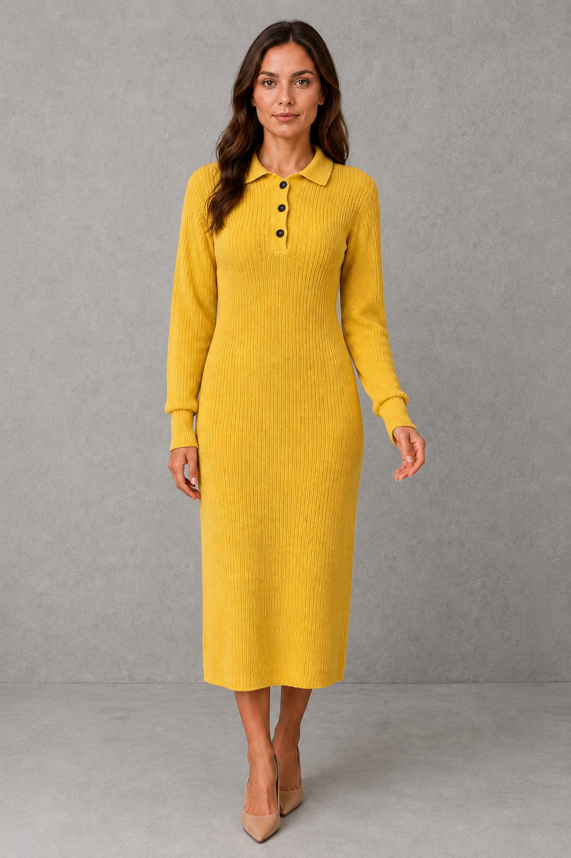 Women’s polo neck knitted midi dress with a button-front neckline, long sleeves, ribbed cuffs and a relaxed straight silhouette.