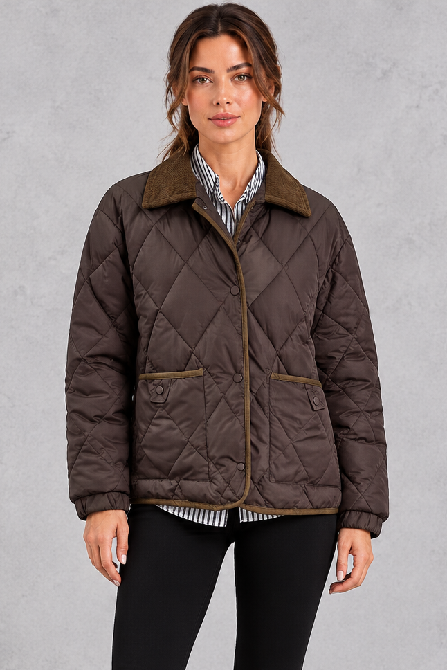 Women's coffee diamond quilted jacket with contrast cord collar – front view