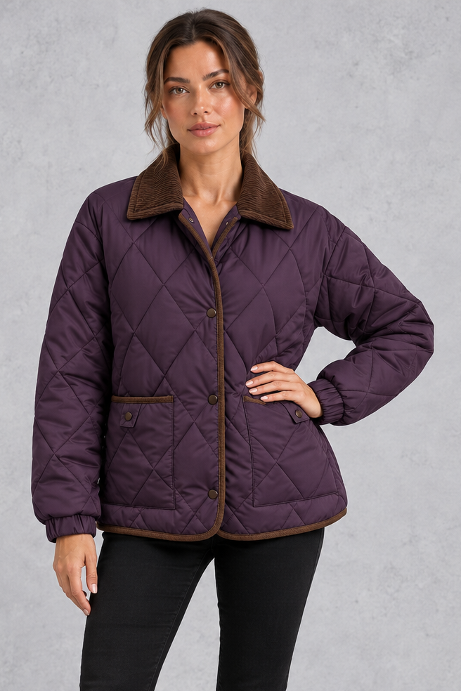 Women's deep purple diamond quilted jacket with brown cord collar and trim – front view