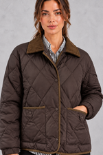 Women's coffee diamond quilted jacket – close-up of cord collar, press-stud front and patch pockets
