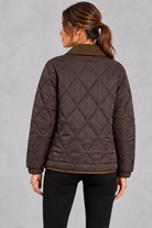 Women's coffee diamond quilted jacket with contrast cord collar – back view