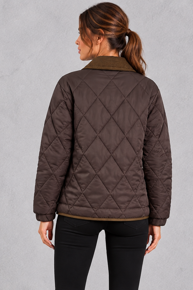 Women's coffee diamond quilted jacket with contrast cord collar – back view
