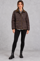 Women's coffee diamond quilted jacket with contrast cord collar – full-length front view