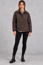 Women's coffee diamond quilted jacket with contrast cord collar – full-length front view