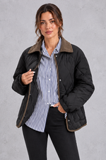 Women's black diamond quilted jacket with contrast cord collar – front view