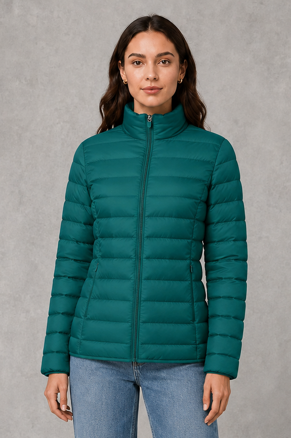 Women’s quilted puffer jacket with horizontal padding, high stand collar, zip-front fastening and a lightweight streamlined silhouette.