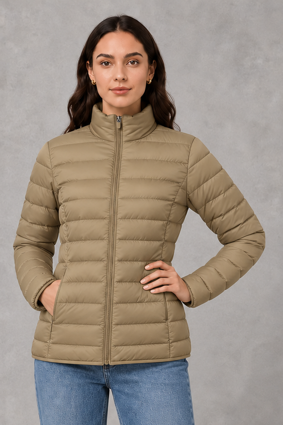 Women’s quilted puffer jacket with horizontal padding, high stand collar, zip-front fastening and a lightweight streamlined silhouette.