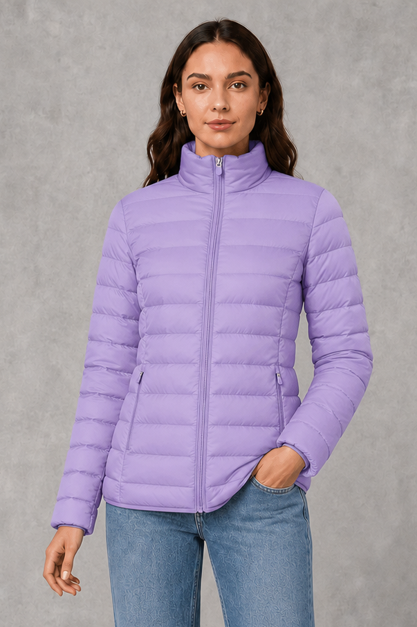 Women’s quilted puffer jacket with horizontal padding, high stand collar, zip-front fastening and a lightweight streamlined silhouette.