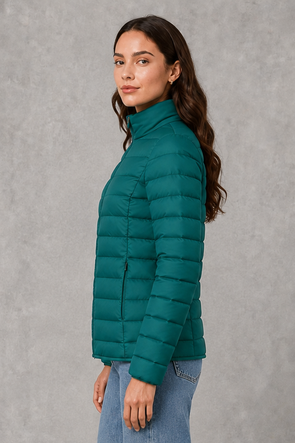 Women’s quilted puffer jacket with horizontal padding, high stand collar, zip-front fastening and a lightweight streamlined silhouette.