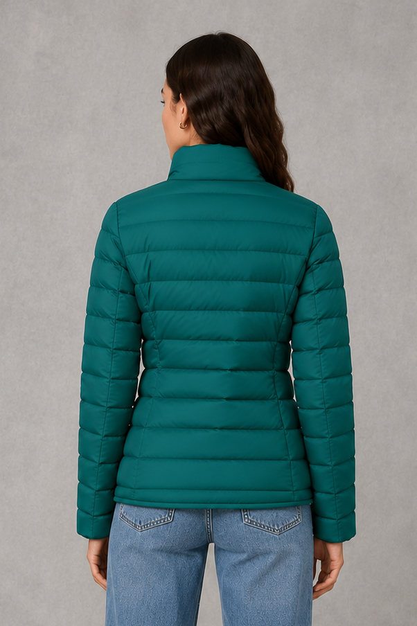 Women’s quilted puffer jacket with horizontal padding, high stand collar, zip-front fastening and a lightweight streamlined silhouette.