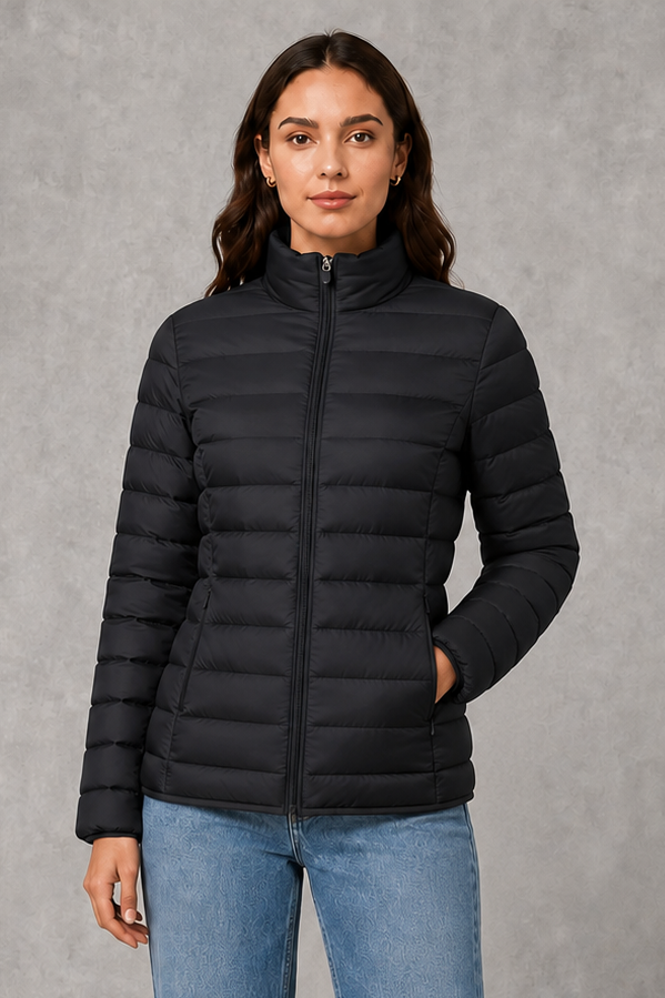 Women’s quilted puffer jacket with horizontal padding, high stand collar, zip-front fastening and a lightweight streamlined silhouette.