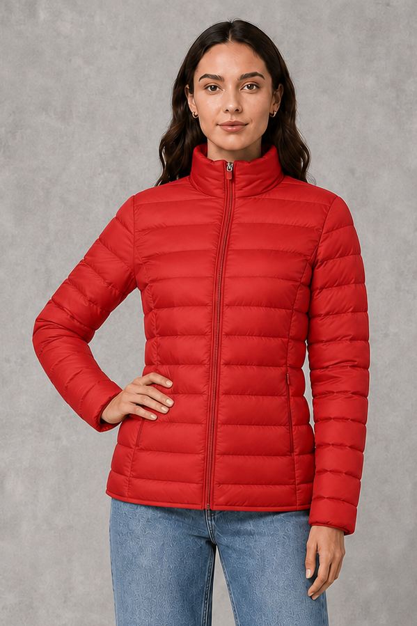 Women’s quilted puffer jacket with horizontal padding, high stand collar, zip-front fastening and a lightweight streamlined silhouette.