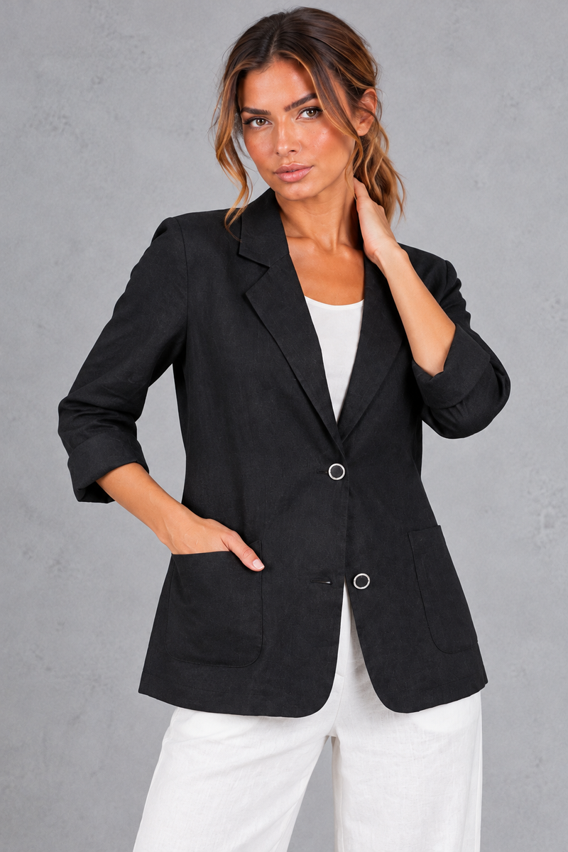 Women's relaxed-fit blazer in Black – angled front view