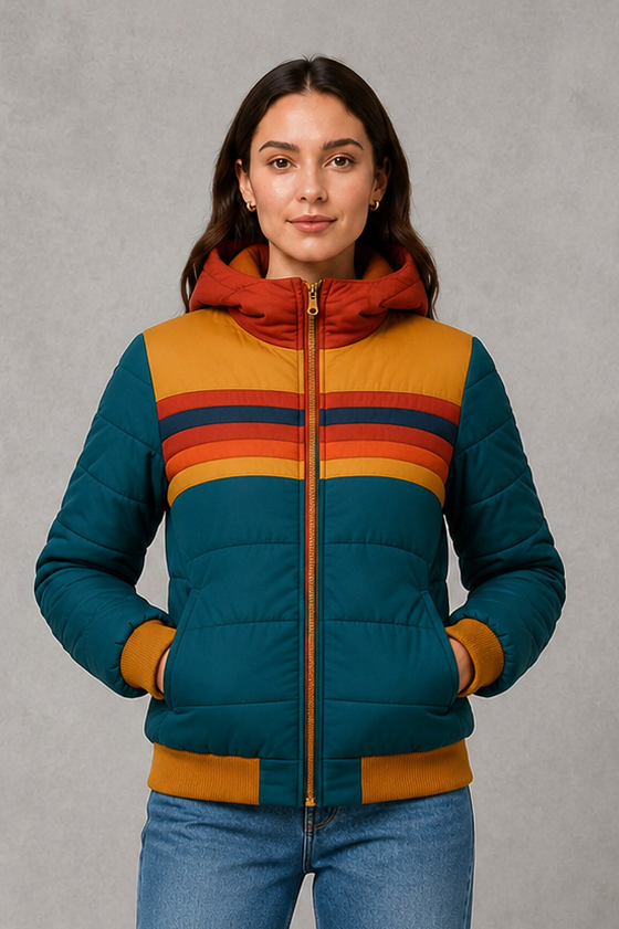 Women’s retro quilted padded jacket with a relaxed silhouette, textured finish and vintage-inspired design for cosy autumn and winter layering.