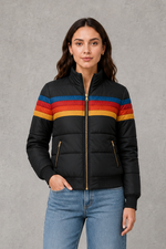 Women’s retro quilted padded jacket with a relaxed silhouette, textured finish and vintage-inspired design for cosy autumn and winter layering.